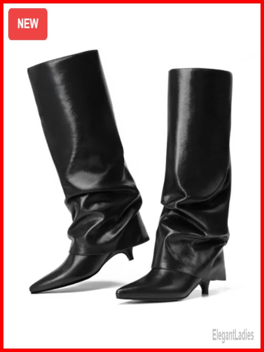 Women's Knee-High Boots Pointed Toe Kitten Heel Pull-On Faux Leather